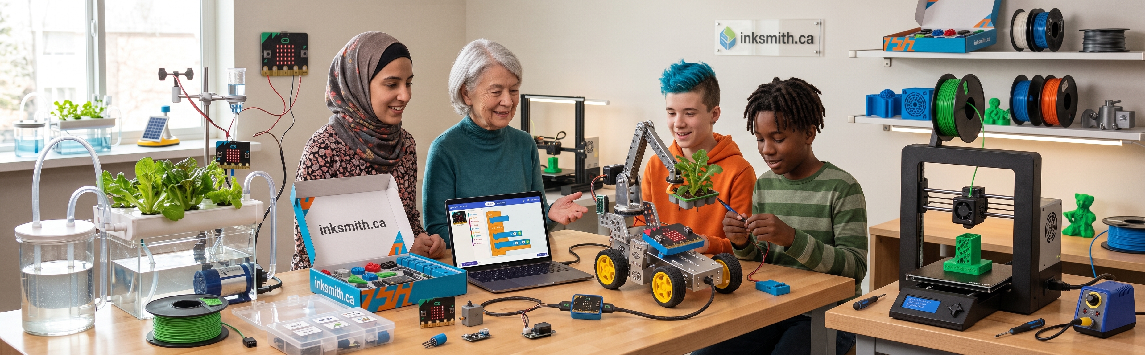 Learners around a workbench with InkSmith kits: hydroponics, a micro:bit rover, MakeCode on a laptop and a 3D printer
